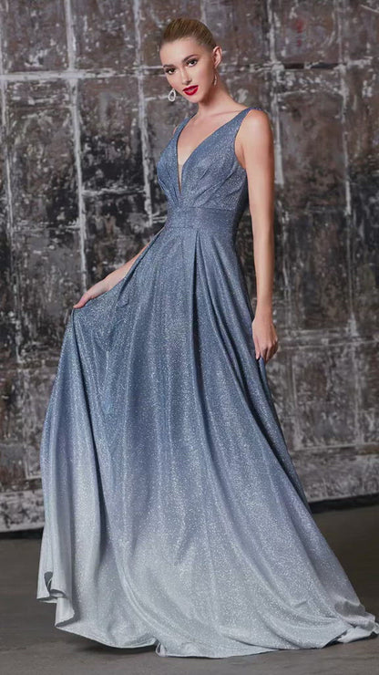 Ombre gown with pleated deep v-neckline