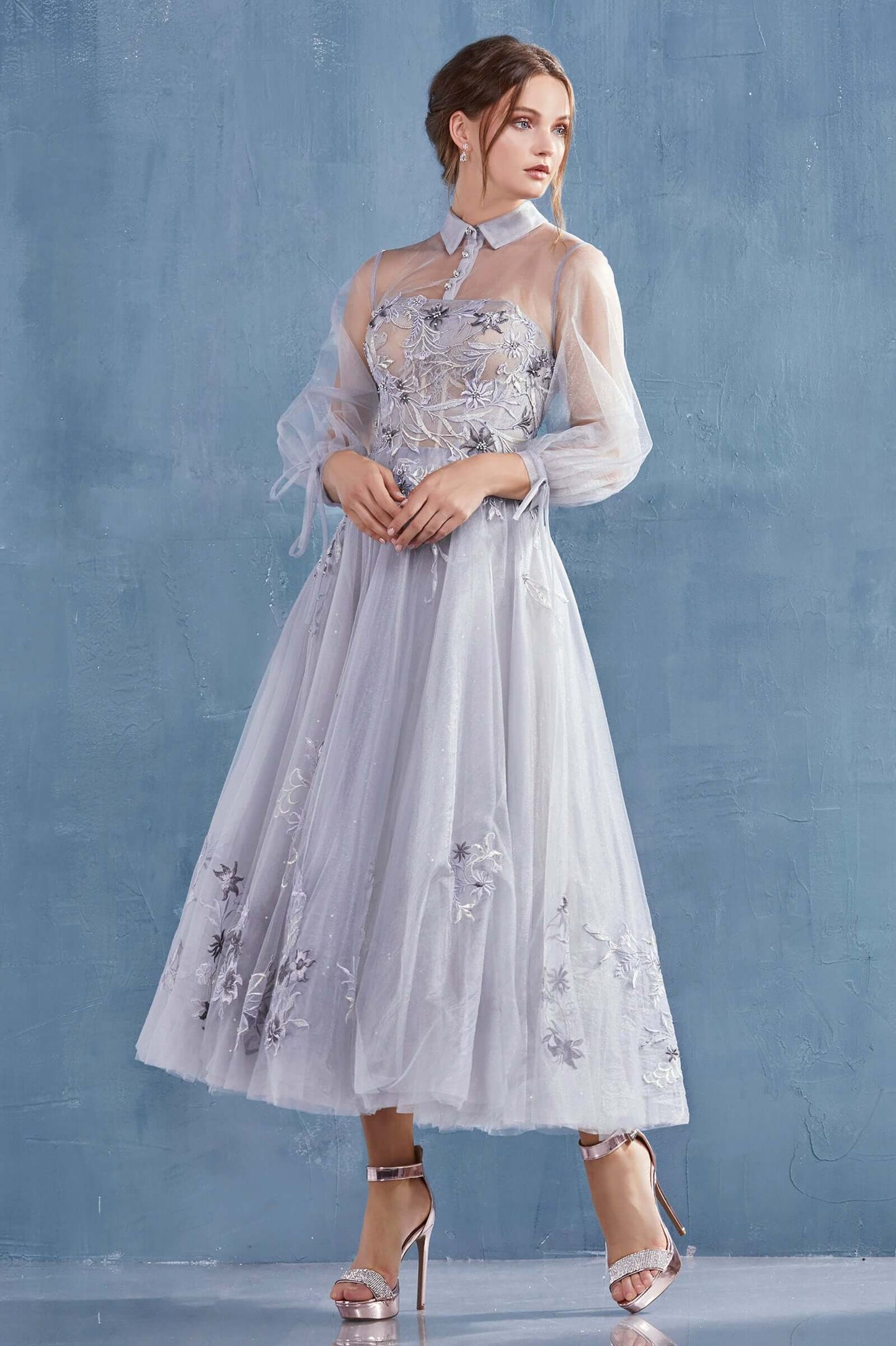 Andrea & Leo Style#, Duchesa Cocktail Gown, A line,Cocktail,Lace,long sleeve,Sheer,Tea Length,Three Quarter Sleeve,Tulle, $650.00