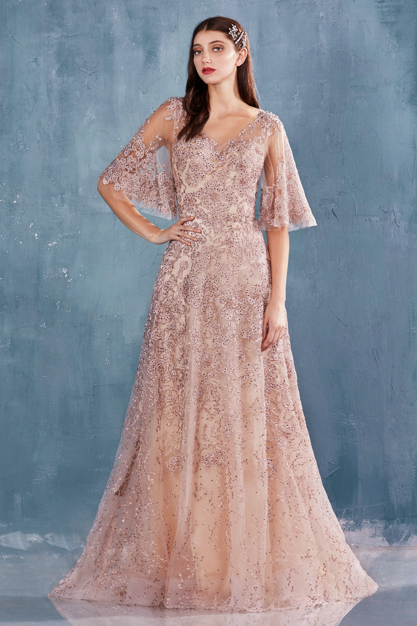 Andrea & Leo Style#A0972, Doris Gown, A line,beaded,Floor Length,Lace,Short Sleeve,Tulle,V-Neck, $495.00