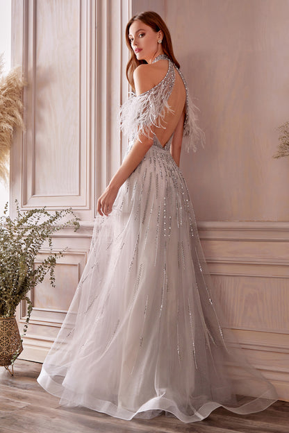 Anastasia Feather Drape Beaded Ball Gown