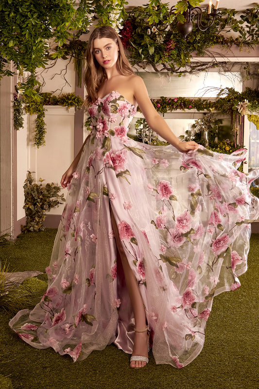 Strapless Organza Ball Gown With Floral Print
