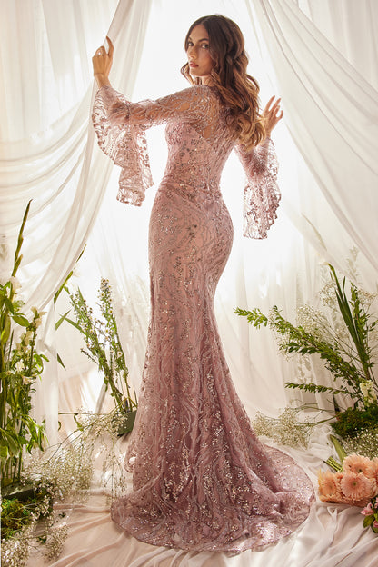 This fitted lace gown is the perfect mix of luxury and class. This stunning piece is sure to turn heads with its intricate embellished lace, adding texture and depth to the overall look. The long flounce sleeves and deep v-neckline give the dress a romant