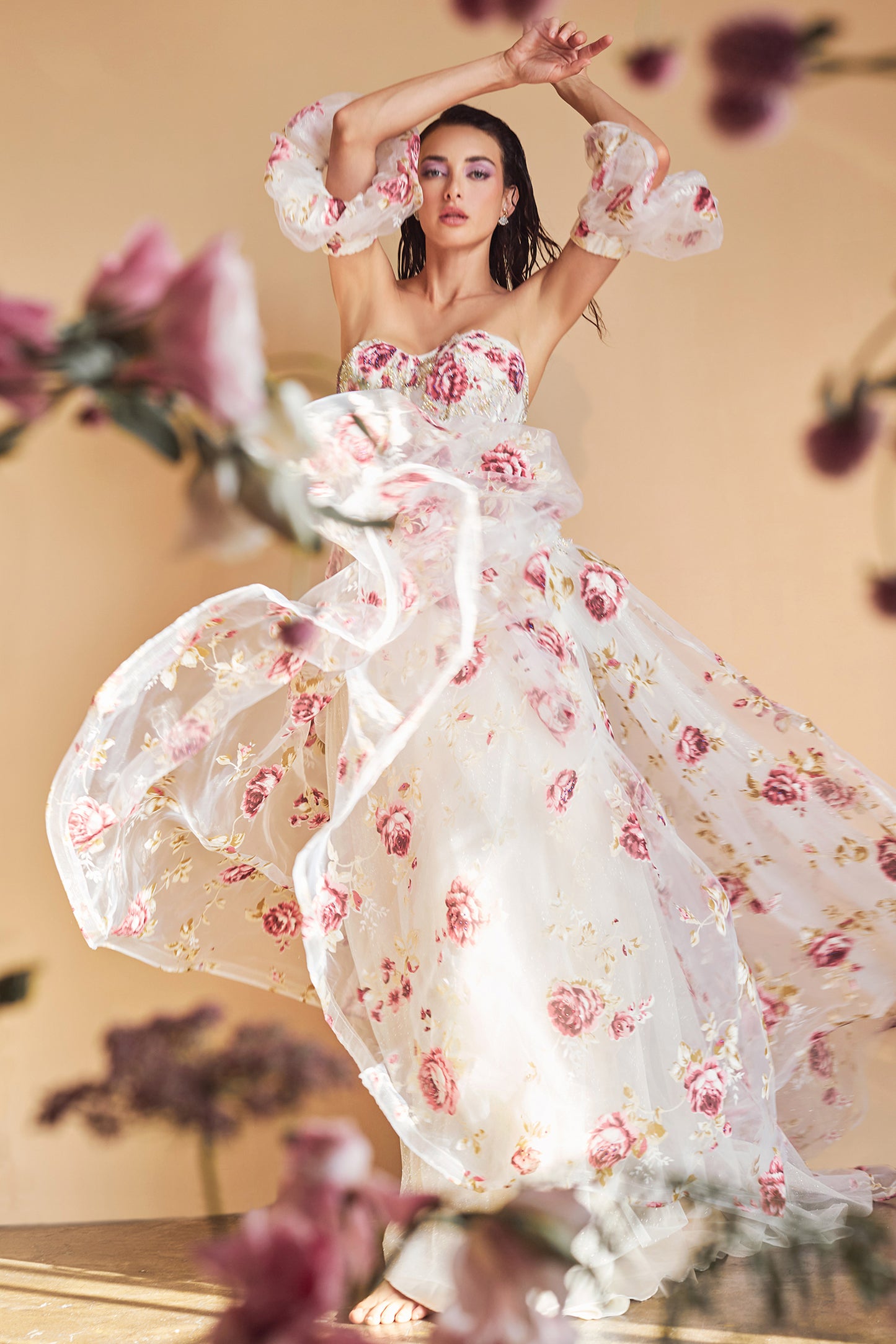 Strapless Organza Peony Print Ball Gown