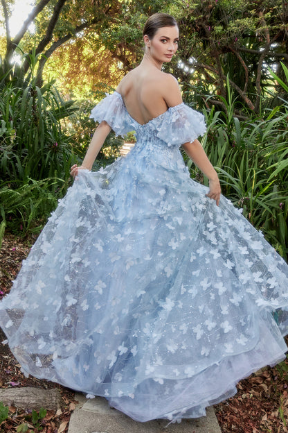 Organza Butterfly Ball Gown With Detachable Puff Sleeve