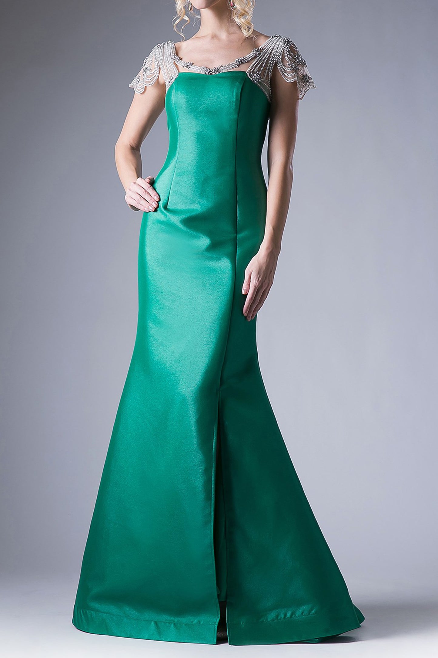 Fitted long dress w/ shoulder beading