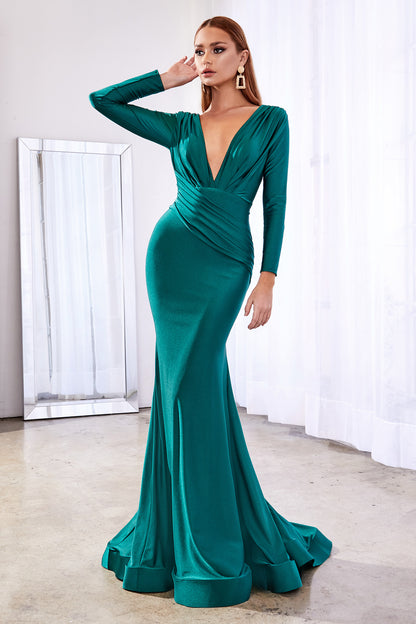 Fitted jesey mermaid gown, long sleeves, figure flattering rouched sash and gathered deep v-neckline Cinderella Divine CD0168