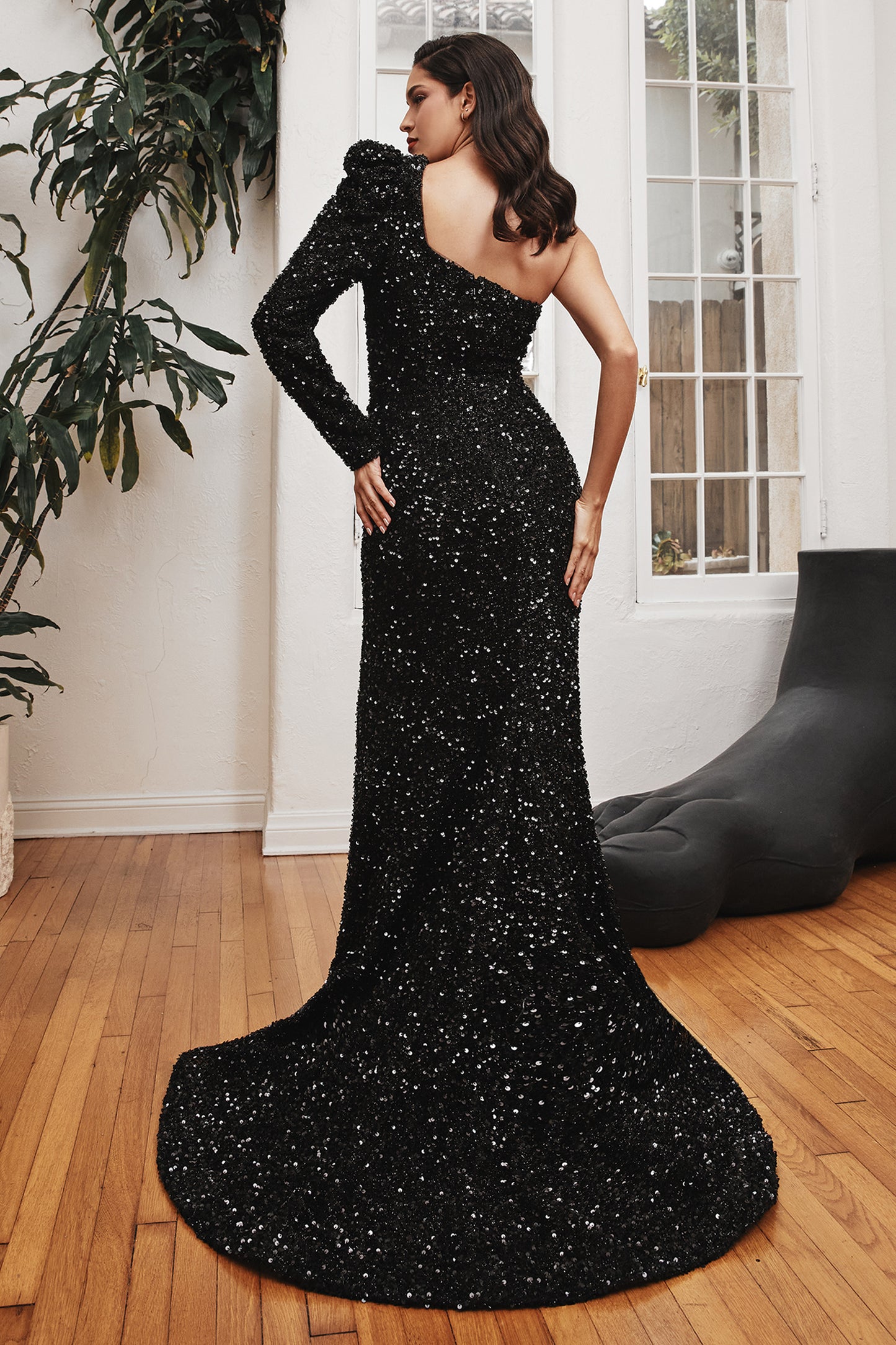 One Shoulder Long Sleeve Sequin Gown