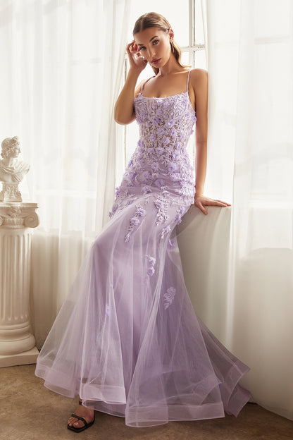 Fitted Floral Applique Tulle Gown