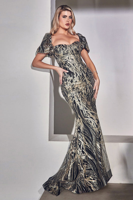 Gliiter Printed Fitted Gown With Puff Sleeves