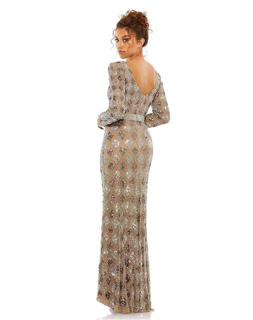 Mac Duggal Style#5021, Geometric Embellished Evening Gown, Floor Length,ivory,long sleeve,Sequin,Sheath,V-Neck, $850.00