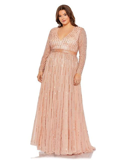 Enjoy your wow-worthy moment at weddings, galas or award ceremonies in this flawless A-line gown. Stripes of shimmering sequins and beads light up the gown beautifully fashioned with a modern V-neckline, see-through long sleeves, and a dreamy flared skirt