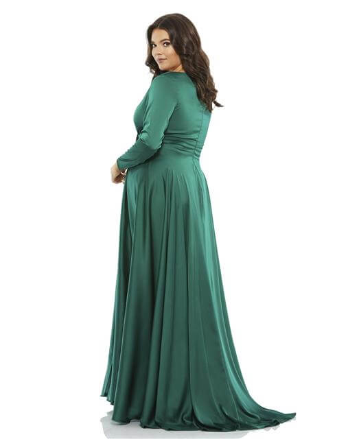 Mac Duggal Style#55290, Classic Satin Long Sleeve Evening Gown, A line,Curvy Girl,Floor Length,long sleeve,Slit,V-Neck, $620.00