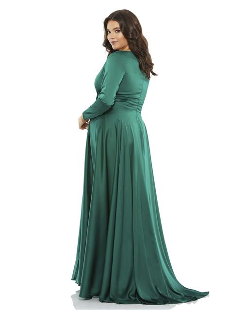 Classic satin evening gown with plunging v-neckline, long sleeves and thigh-high slit. Mac Duggal Fully Lined Back Zipper 100% Polyester Long Sleeves Full Length Thigh-high slit Style #55290