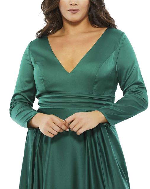 Classic satin evening gown with plunging v-neckline, long sleeves and thigh-high slit. Mac Duggal Fully Lined Back Zipper 100% Polyester Long Sleeves Full Length Thigh-high slit Style #55290