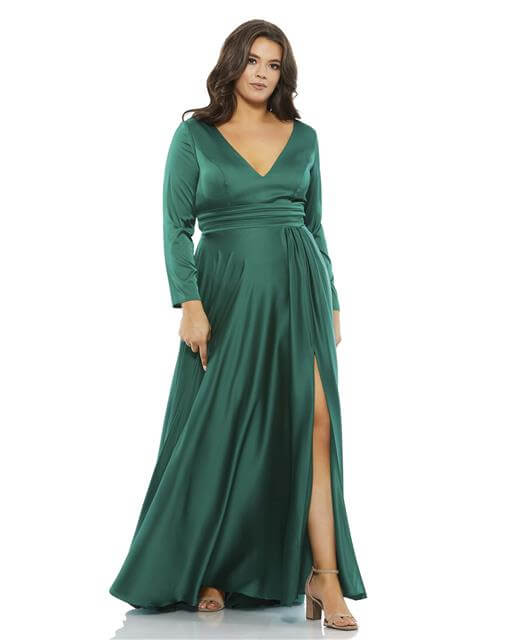 Mac Duggal Style#55290, Classic Satin Long Sleeve Evening Gown, A line,Curvy Girl,Floor Length,long sleeve,Slit,V-Neck, $620.00