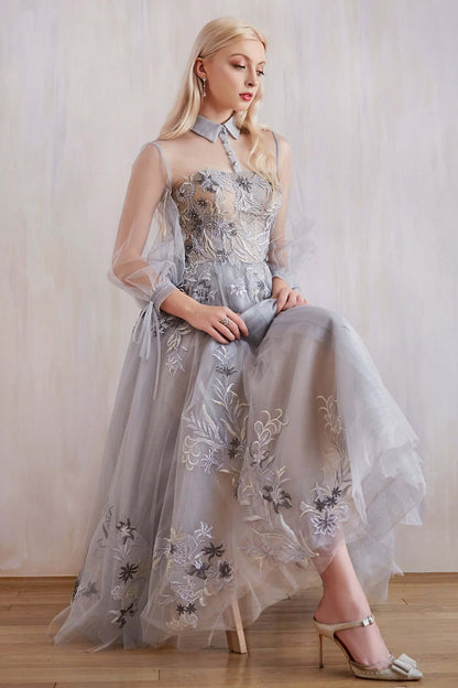 Andrea & Leo Style#, Duchesa Cocktail Gown, A line,Cocktail,Lace,long sleeve,Sheer,Tea Length,Three Quarter Sleeve,Tulle, $650.00